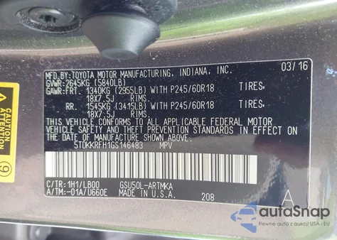 2016 Toyota Highlander Xle V6 из США, поврежденный, VIN 5TDKKRFH1GS146483